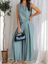 Round Neck Sleeveless Top and Wide Leg Pants Set Air Force Blue OutfitFlow
